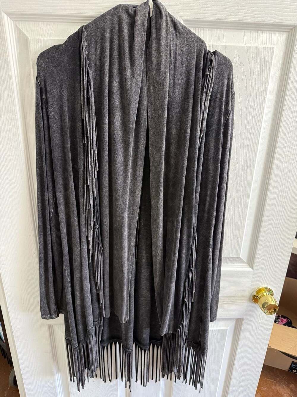 T Party Acid Washed Black Long Sleeve Fringe Cardigan Small Boho